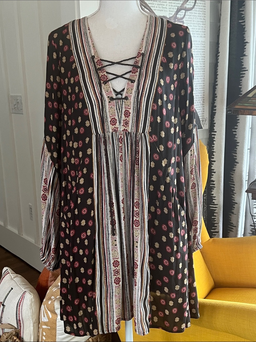 Black Boho Lace-Up Tunic with Pink and Cream Floral Print